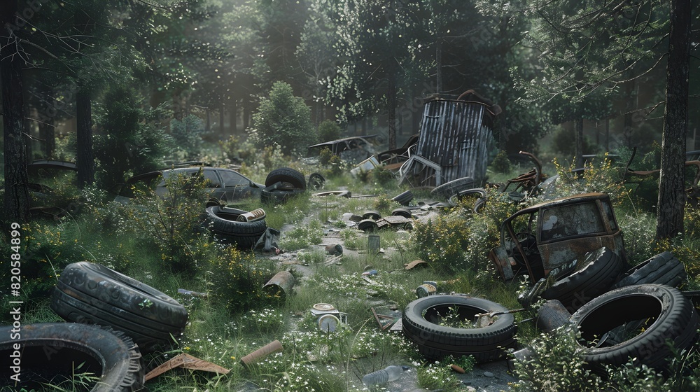 Illegal Dumping Site Reclaimed by Overgrown Forest in PostApocalyptic Atmosphere