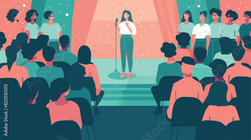 Shy nervous unconfident woman standing on stage befor photo