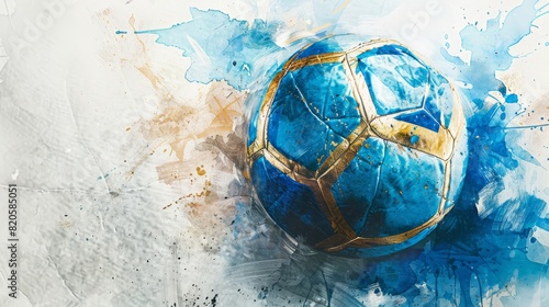 watercolor drawing of a soccer ball on paper with blue and gold paints Generative AI