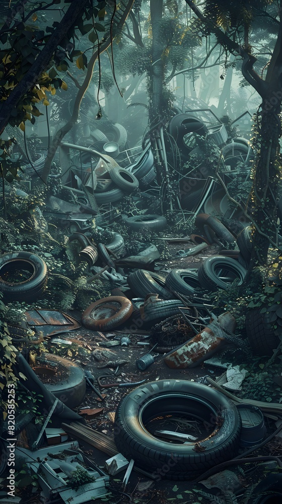 Obraz premium Tangled Thicket Conceals Unlawful Junkyard in Dense Woodland