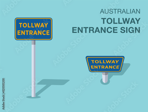 Traffic regulation rules. Isolated Australian "tollway entrance" road sign. Front and top view. Flat vector illustration template.
