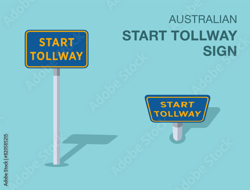 Traffic regulation rules. Isolated Australian "start tollway" road sign. Front and top view. Flat vector illustration template.