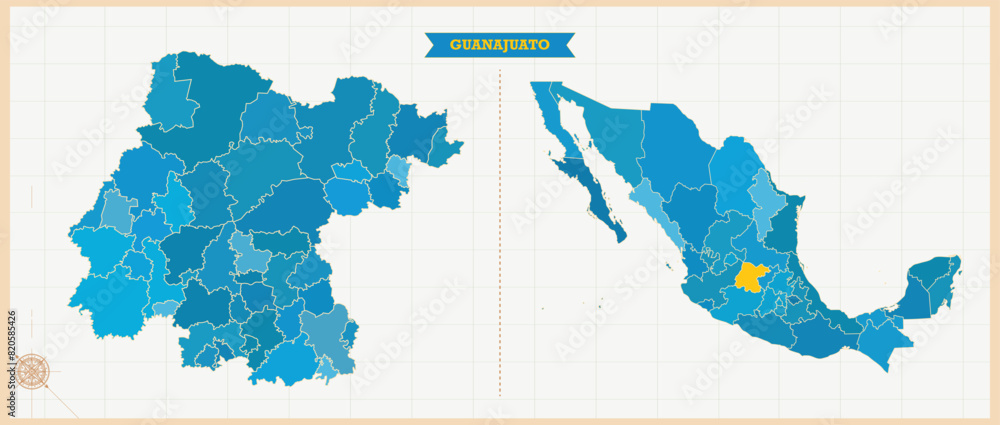 Fototapeta premium A Map highlighting Guanajuato in the Mexico Map, Guanajuato and Mexico modern map with Colorful Hi detailed Vector, geographical borders