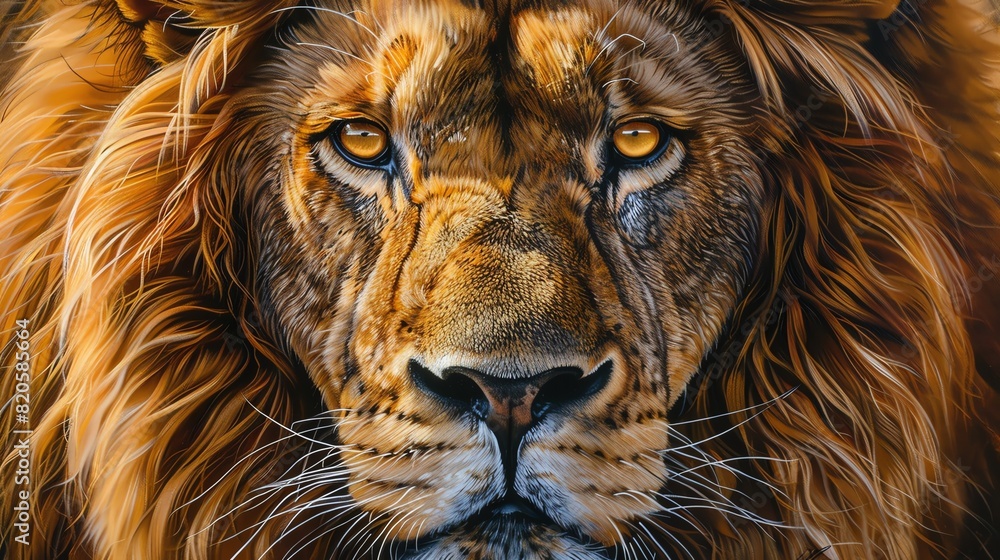 Naklejka premium Capture the majestic grace of a lion in a realistic oil painting at eye-level angle, showcasing its powerful gaze and intricate mane with vibrant colors and intricate brush strokes