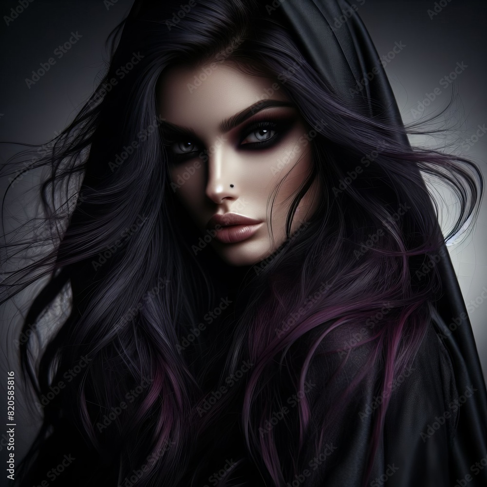 Stylish woman with dark hair and captivating eyes poses in a hooded fashion portrait