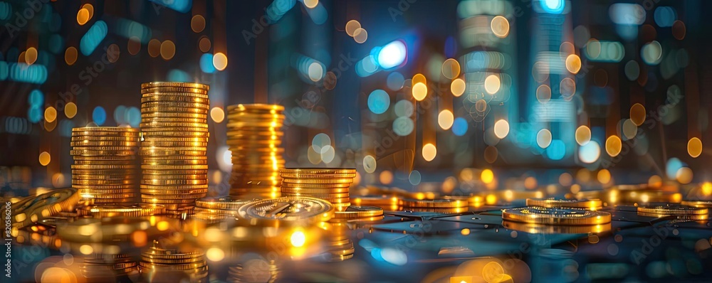 A surreal depiction of a financial district at night, with streets lined with glowing stacks of coins leading toward skyscrapers full of bustling economic activity A surreal depiction of a financial district at night, with streets lined with glowing stacks of coins leading toward skyscrapers full of bustling economic activity
