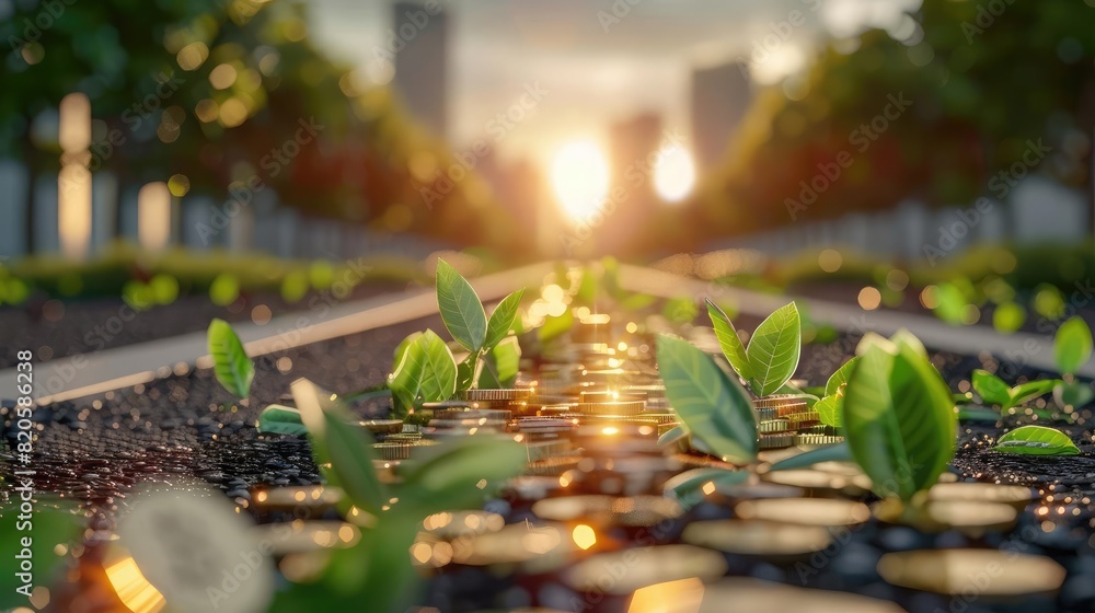A tranquil country lane with dappled sunlight and coins strewn along the path, leading to a distant farmhouse, symbolizing rural business success A tranquil country lane with dappled sunlight and coins strewn along the path, leading to a distant farmhouse, symbolizing rural business success