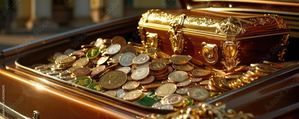 A treasure chest in the trunk of a car parked outside a stock exchange building, filled with coins and stock certificates, depicting mobile wealth A treasure chest in the trunk of a car parked outside a stock exchange building, filled with coins and stock certificates, depicting mobile wealth