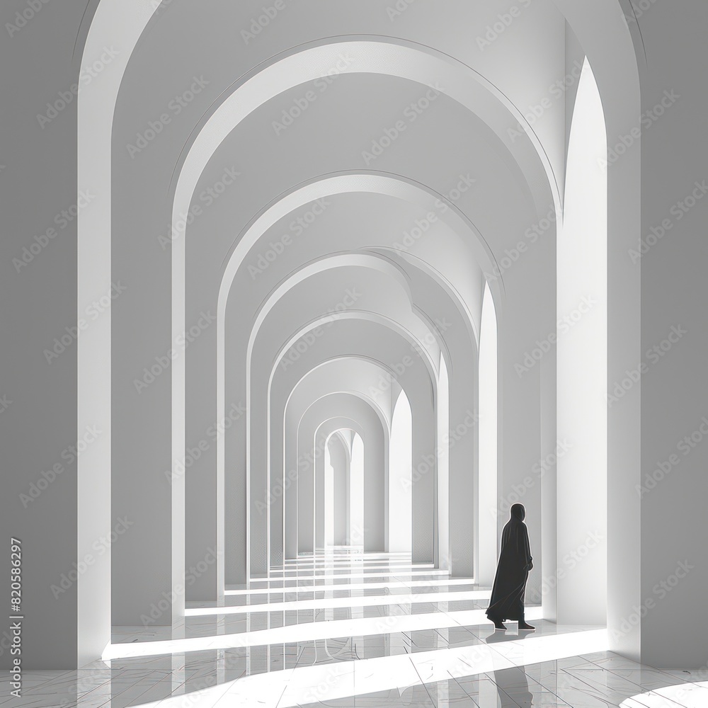 Islamic mosque corridor with arches and light shadows, gradient background from white to gray, Islamic geometric cinematic patterns on the walls, calm spirituality. Islamic mosque corridor with arches and light shadows, gradient background from white to gray, Islamic geometric cinematic patterns on the walls, calm spirituality.