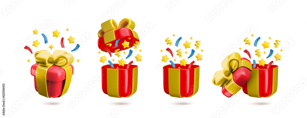 Vector Cartoon 3d festive red gift box set. Cute realistic closed and open present with gold bow, stars and confetti explosion. 3d render prize illustration for winner, birthday, Christmas concept Vector Cartoon 3d festive red gift box set. Cute realistic closed and open present with gold bow, stars and confetti explosion. 3d render prize illustration for winner, birthday, Christmas concept