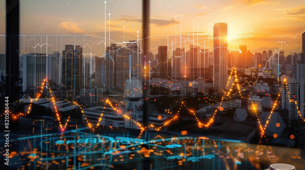 custom made wallpaper toronto digitalA visionary s penthouse office overlooking the city, with a glass table filled with coins and a live digital backdrop showing stock market trends