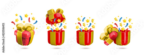Vector Cartoon 3d festive red gift box set. Cute realistic closed and open present with gold bow, stars and confetti explosion. 3d render prize illustration for winner, birthday, Christmas concept