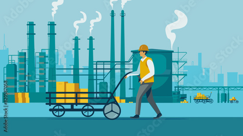  Industry Relocation Concept: Business Owner Pushing Cart with Dirty Factory Equipment, Politician Forbidding Placement of Polluting Industries photo