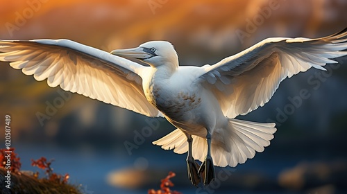 Gannet returns to its nest with a beak full of vegetation plucked photo