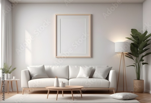 Realistic Frame Mockup ISO A paper size frame with a living room wall poster in a modern  white wall interior design. 3D rendering