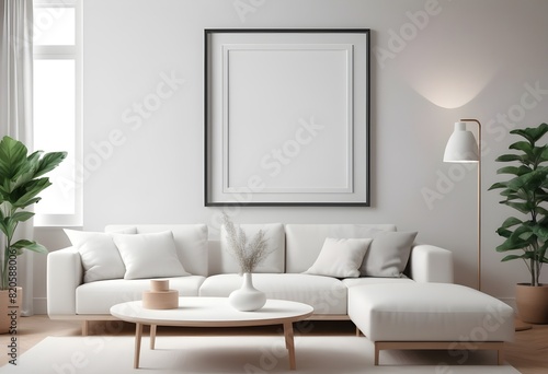 Realistic Frame Mockup ISO A paper size frame with a living room wall poster in a modern, white wall interior design. 3D rendering © Sharif54