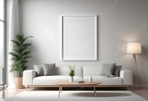 Realistic Frame Mockup ISO A paper size frame with a living room wall poster in a modern  white wall interior design. 3D rendering