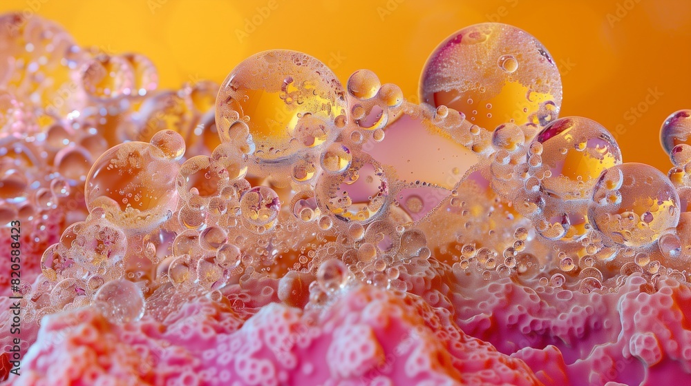 High-definition image of oil bubbles merging and creating unique formations on a coral-colored surface. High-definition image of oil bubbles merging and creating unique formations on a coral-colored surface.