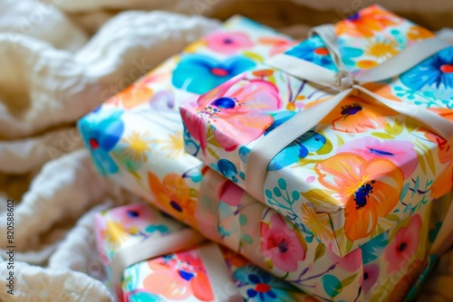 Packing holiday gifts with colorful wrapping paper, closeup, festive, watercolor style,
