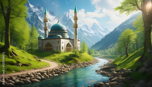 Mosque with domes and minarets on the path, with a backdrop of mountains and a clear river photo
