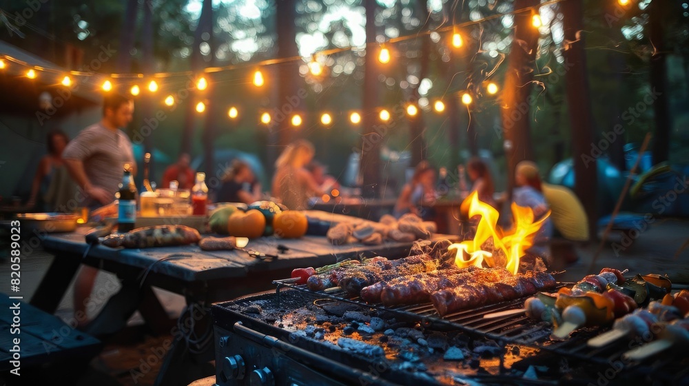 Friends are having a barbecue in the forest. They are cooking food on a grill and talking and laughing. There are trees and a fire in the background. The mood is happy and relaxed.