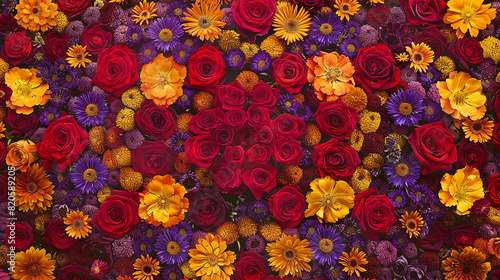 A radiant array of crimson roses, golden marigolds, and purple asters arranged in a striking geometric pattern. photo