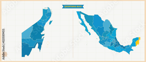 A Map highlighting Quintana Roo in the Mexico Map, Quintana Roo and Mexico modern map with Colorful Hi detailed Vector, geographical borders photo