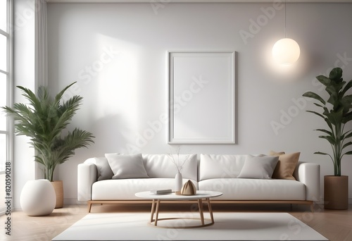 Fototapeta Naklejka Na Ścianę i Meble -  Frame mockup A paper size. Interior mockup with house background. Living room wall poster mockup design. Modern interior design. 3D render