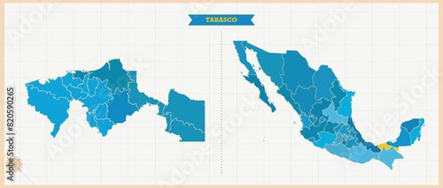 A Map highlighting Tabasco in the Mexico Map, Tabasco and Mexico modern map with Colorful Hi detailed Vector, geographical borders