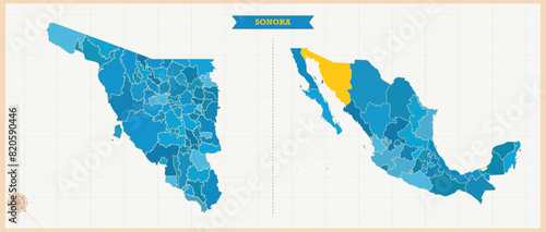 A Map highlighting Sonora in the Mexico Map, Sonora and Mexico modern map with Colorful Hi detailed Vector, geographical borders