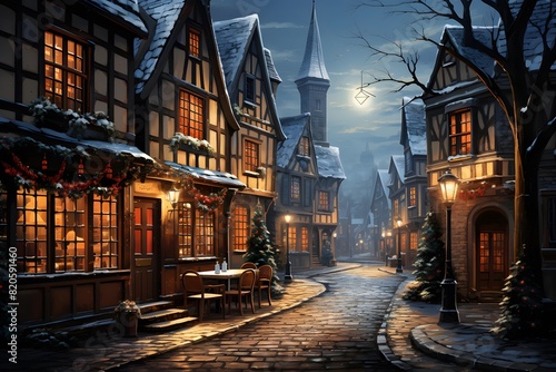 Night city street with christmas decorations and garlands. 3d rendering