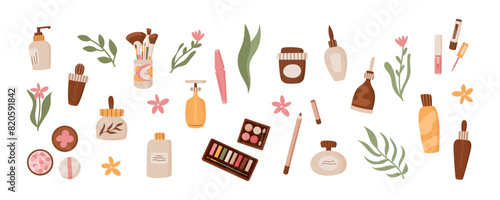 Colorful natural makeup product collection, cartoon eco cosmetic oil tube with green plants, flat fashion skin care shampoo bottle with eyeliner and flowers, trendy antiaging bodycare pack set.