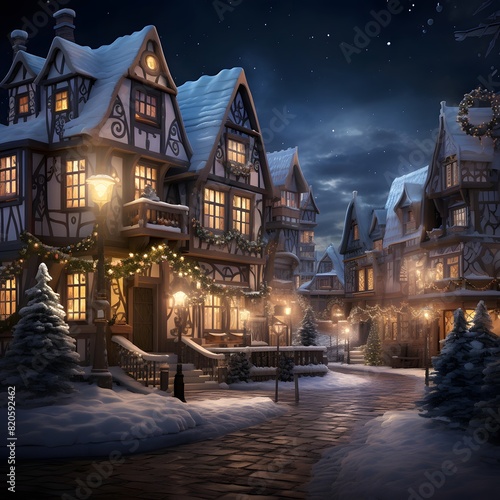 Christmas night in a small village. Illustration of a winter night.