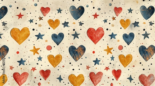 Whimsical Heart and Star Pattern: Light Cream Colored Paper with Embroidered Design