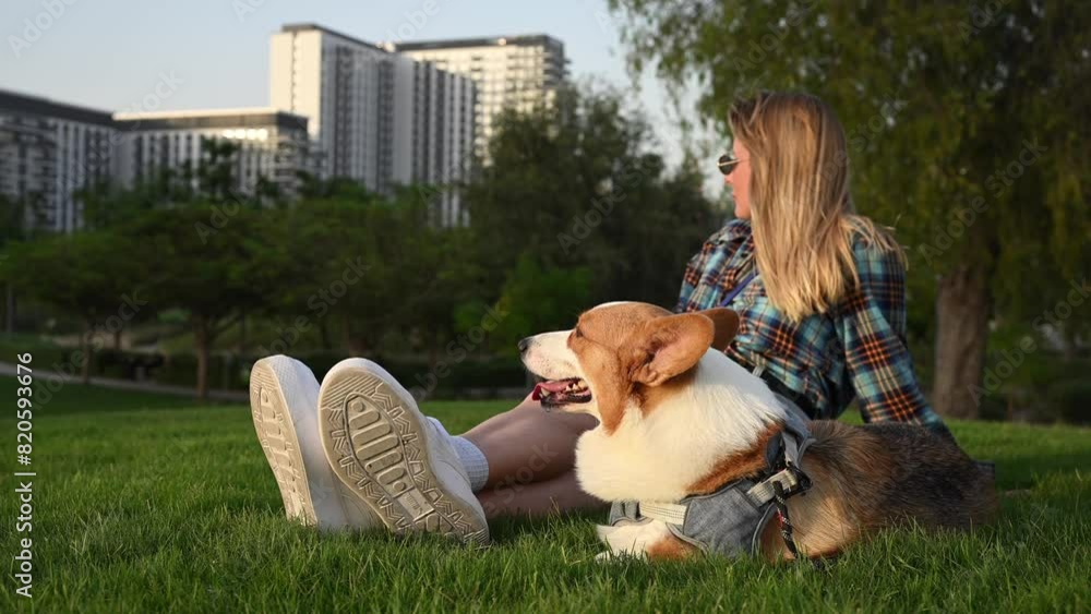 A woman is seated in green grass at a park, accompanied by her Corgi dog during sunset A woman is seated in green grass at a park, accompanied by her Corgi dog during sunset