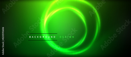 Neon glowing circle rays, light round lines in the dark, planet style neon wave lines. Energetic electric concept design for wallpaper, banner, background