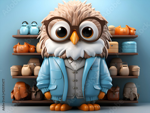 Cute owl in the shop. 3D illustration. Cartoon character.