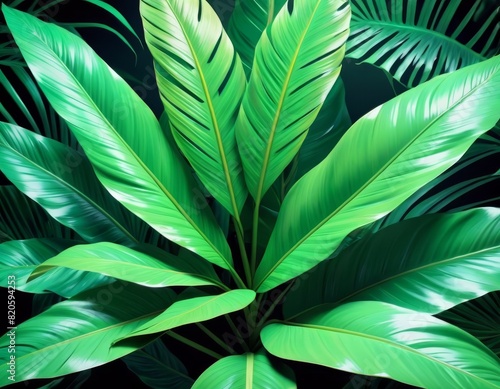 Vibrant green leaves from a tropical plant form a lush, textured pattern, ideal for nature and botanical themes.. AI Generation