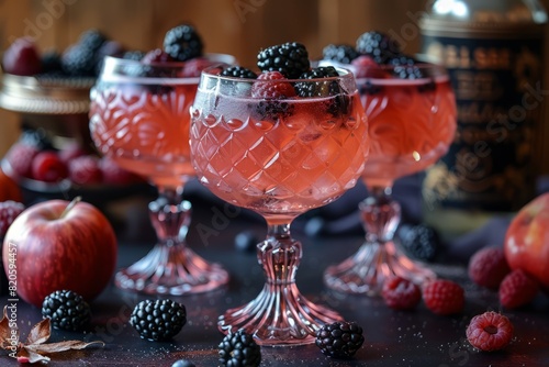 A velvety purple drink, suggesting a fusion of blueberries and blackberries. Floating chia seeds and a sprig of lavender add texture and a hint of luxury photo