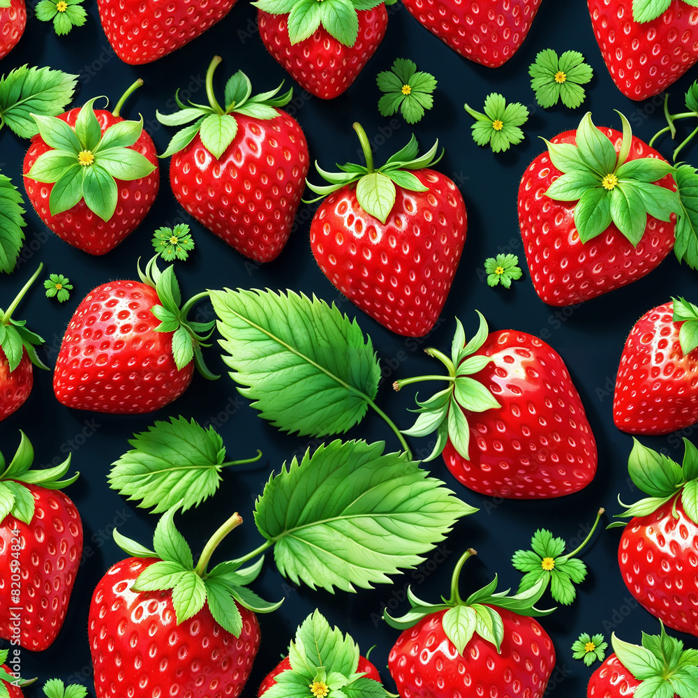 Seamless pattern bright colored with sweet ripe red berry strawberry, branch, leaf on endless background for wallpaper, banner, flyer, card Seamless pattern bright colored with sweet ripe red berry strawberry, branch, leaf on endless background for wallpaper, banner, flyer, card