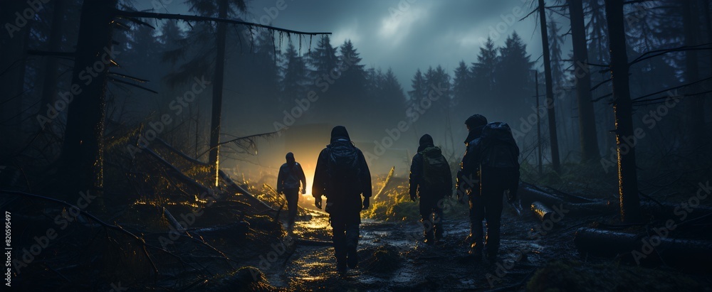 a group of people walking through a forest at night Stock Illustration ...