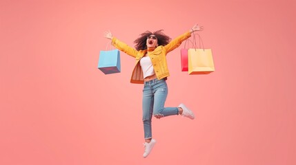 In an urban city setting, a woman exudes joy as she jumps happily with shopping bags against a vibrant pink background, showcasing her carefree and stylish day out in the city streets
