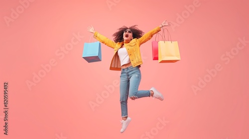 In an urban city setting, a woman exudes joy as she jumps happily with shopping bags against a vibrant pink background, showcasing her carefree and stylish day out in the city streets