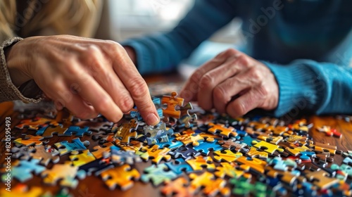 Close-up of two people working together to assemble a colorful jigsaw puzzle, focusing on their hands and the puzzle pieces on a wooden table. photo