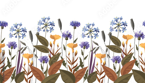 Floral seamless horizontal pattern, border with meadow flowers