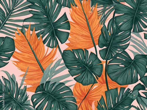 A tropical scene with green and orange leaves