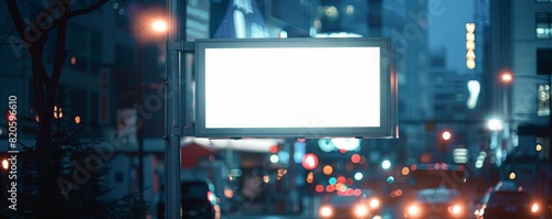 Empty white billboard on a bustling city street at night with blurred city lights in the background  perfect for advertisement mockup.