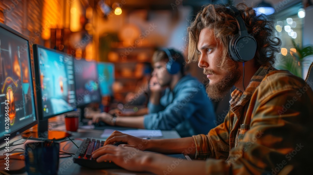 Focused gamers playing online multiplayer video game at a computer gaming center with immersive lighting and high-end equipment. Focused gamers playing online multiplayer video game at a computer gaming center with immersive lighting and high-end equipment.