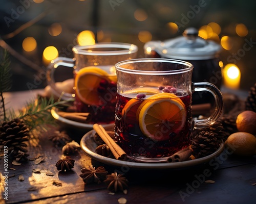 Two cups of hot mulled wine with spices on a wooden table.