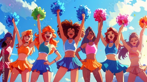 Group of happy cheerleaders celebrating with colorful pom-poms under a bright blue sky during daytime. Cheerleading, joy, and team spirit.